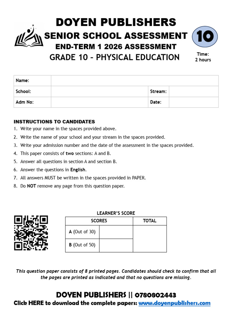Grade 10 Physical Education End-Term I 2026 Assessment | PDF | Physical ...