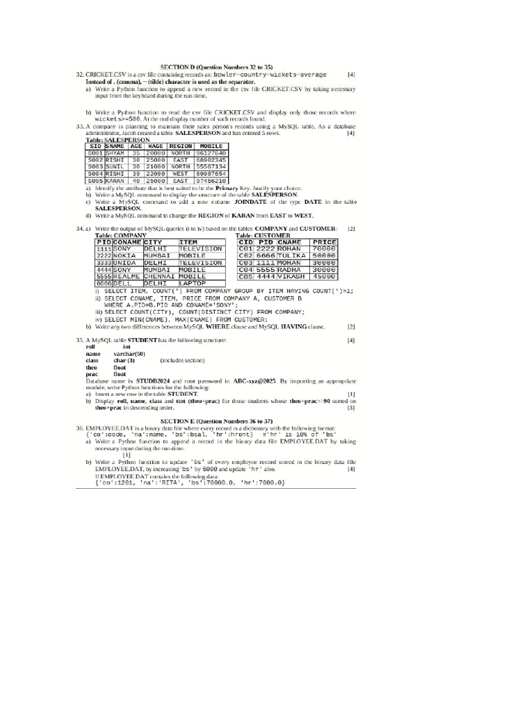 SQL Exam Paper SQLQuestion | PDF