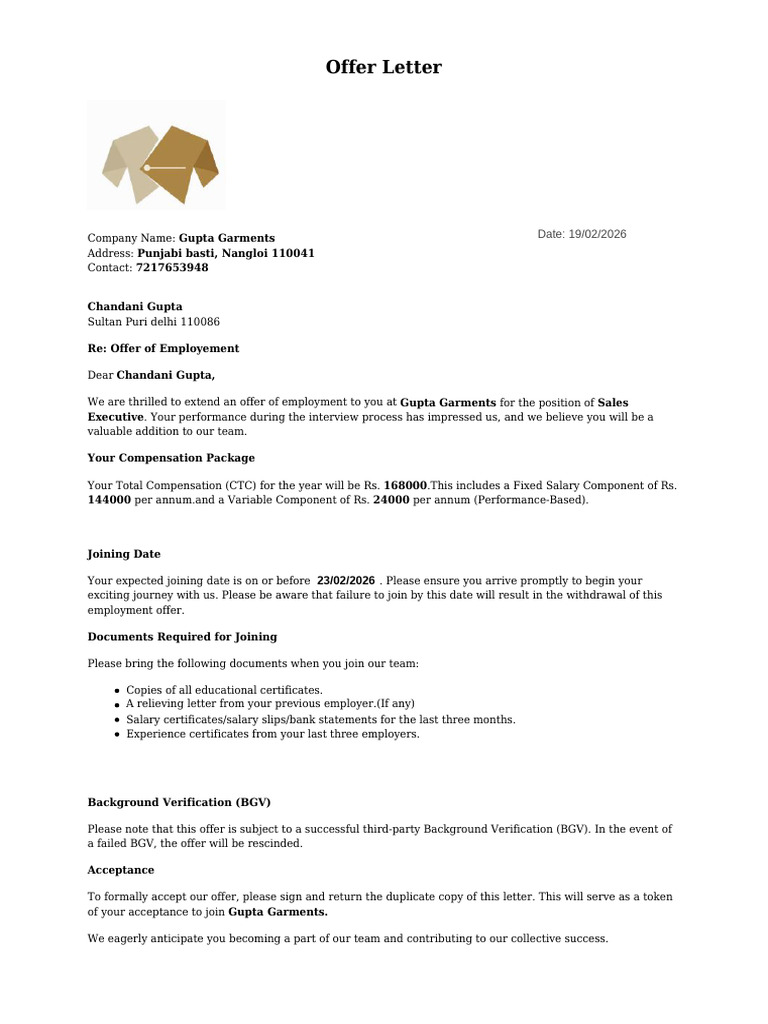 Offer Letter Chandani | PDF