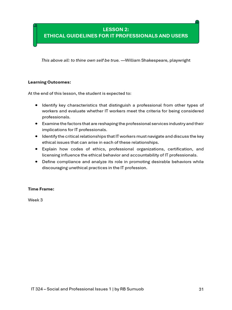 Lesson 2 Ethical Guidelines For IT Professionals and Users | PDF ...