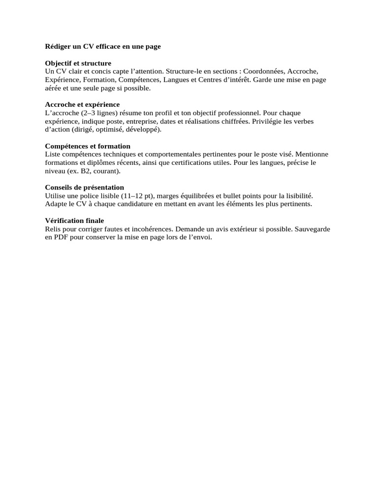 Rédiger Un CV Efficace en Une Page | PDF