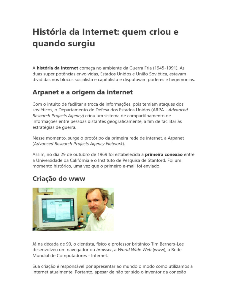 História Da Internet | PDF | Internet | Rede mundial de computadores