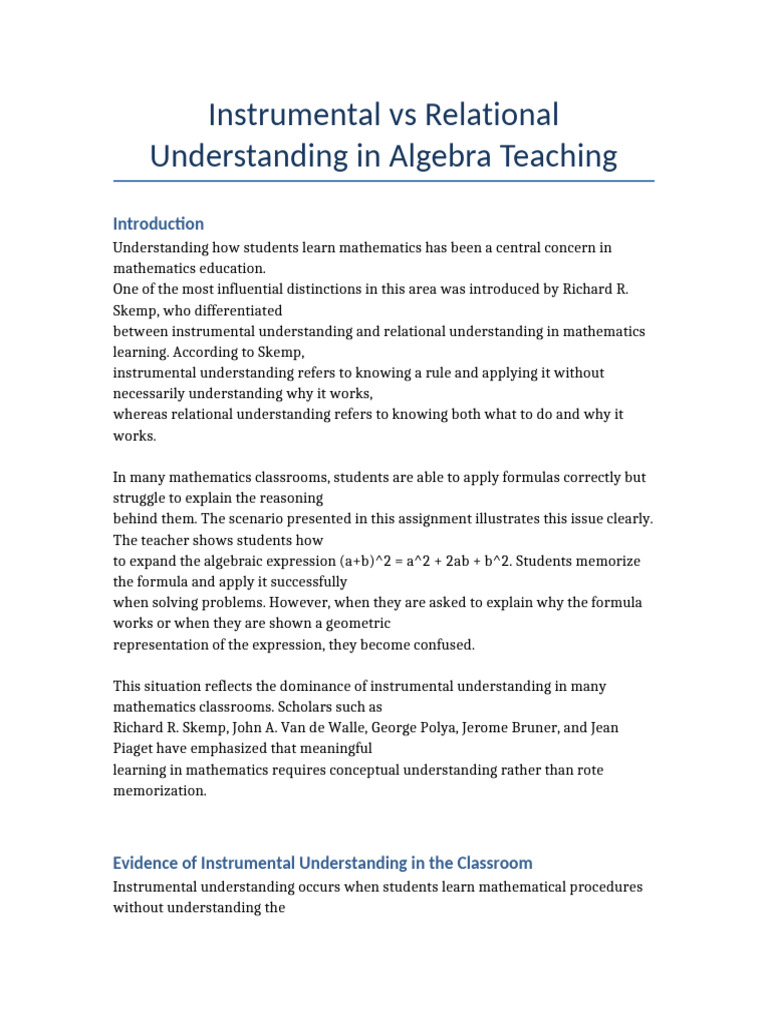 Instrumental Vs Relational Understanding Algebra Assignment | PDF ...