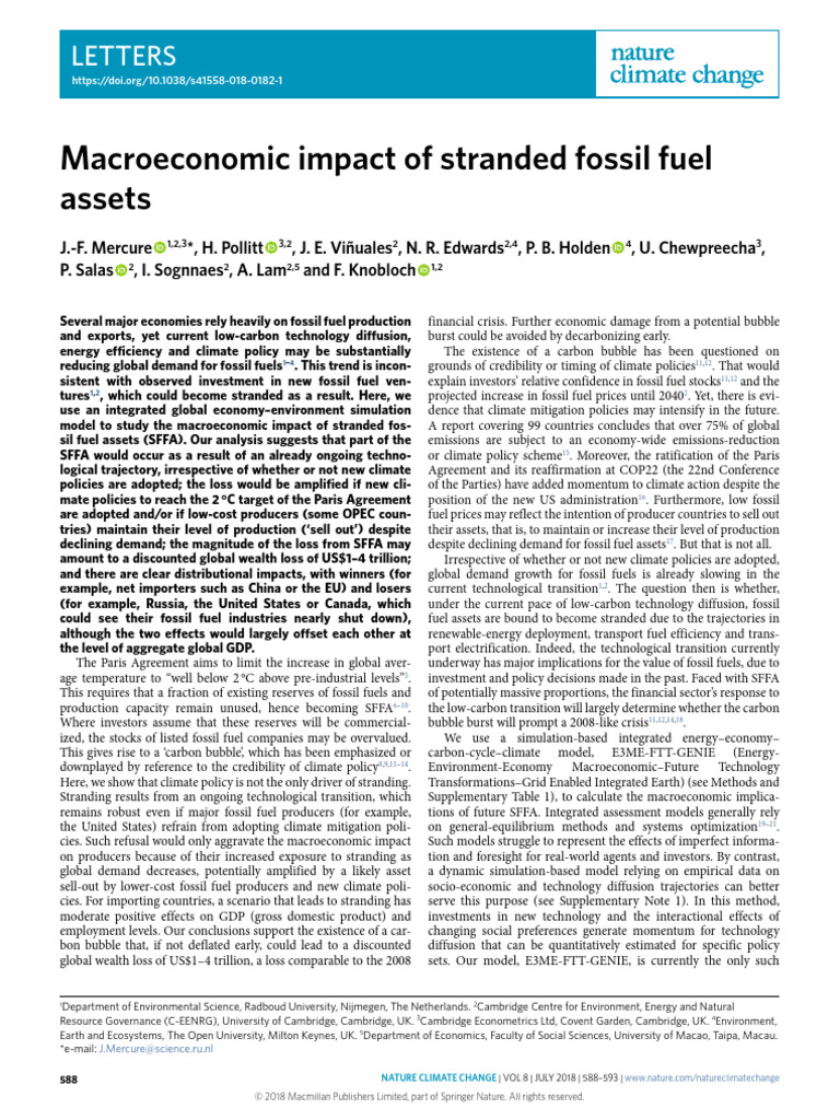 Macroeconomic Impact of Stranded Fossil Fuel Assets | PDF ...