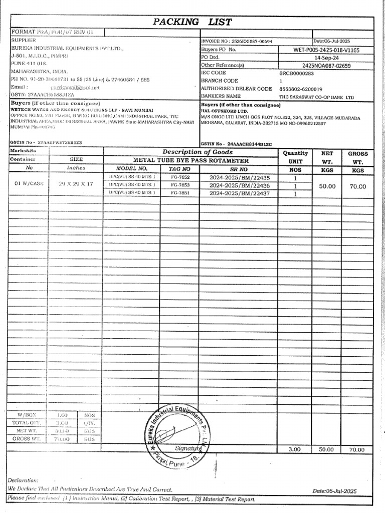 Bypass Rotameter - Packing List | PDF