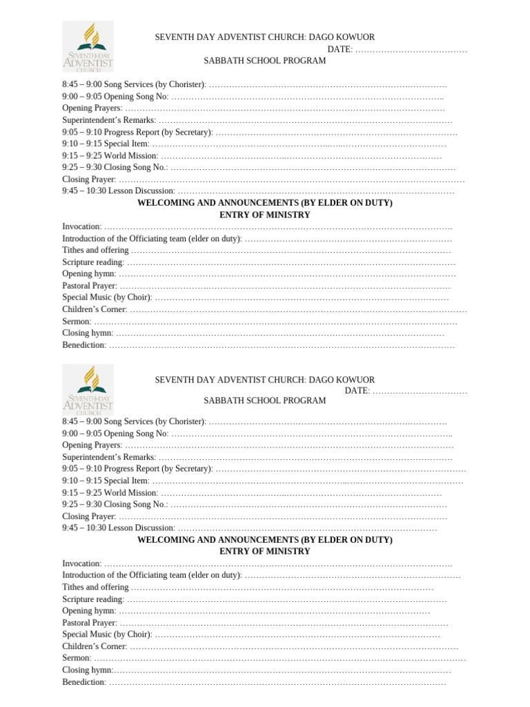 Church Program Seventh Day Adventist Church | PDF | Protestant ...