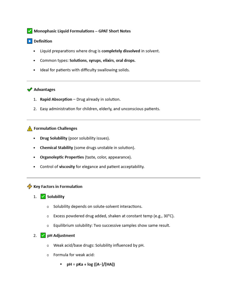 Monophasic Liquid Formulations | PDF | Solubility | Pharmaceutical ...
