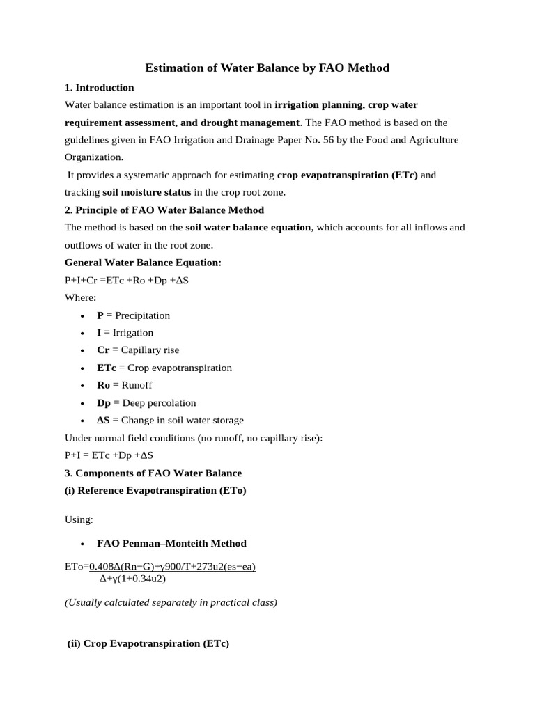 Estimation of Water Balance by FAO Method | PDF | Evapotranspiration ...