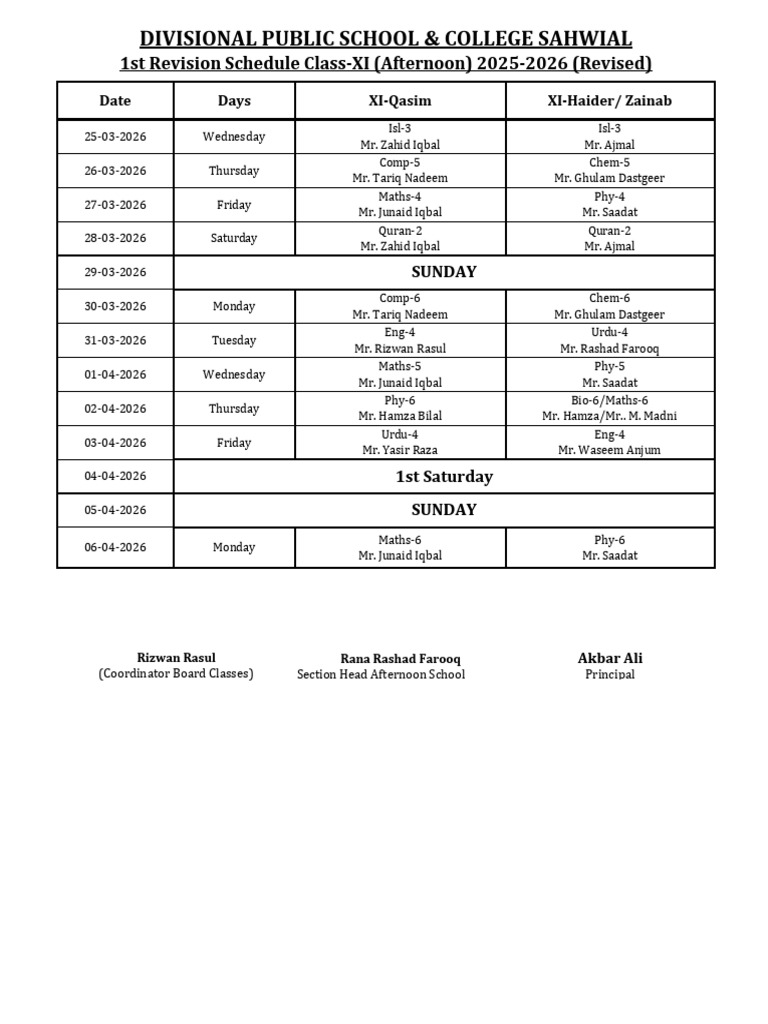 Revised 1st Revision Schedule Class-XI 2025-26 | PDF