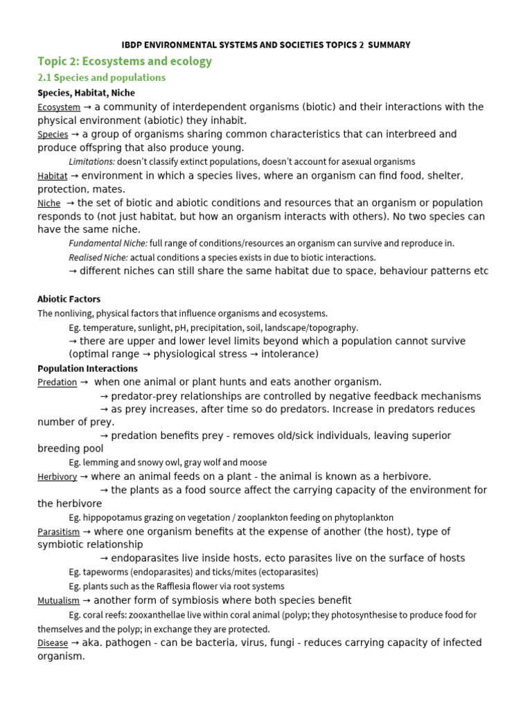 ESS Topics 2 Complete Summary Notes | PDF | Food Web | Ecosystem