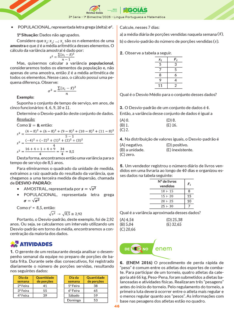 Revisa Goias 3a Serie LP e Mat 1o Bimestre 2026 Estudante | PDF ...