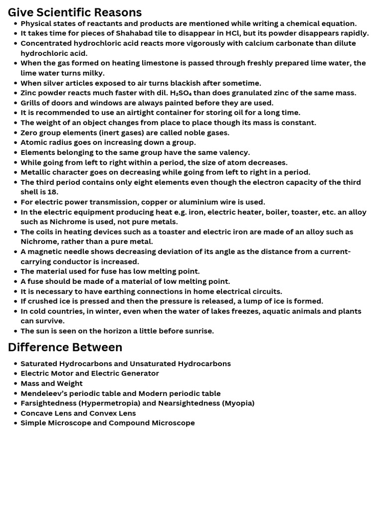 10th Science Distinguish Between & Give Scientific Reasons IMP | PDF ...