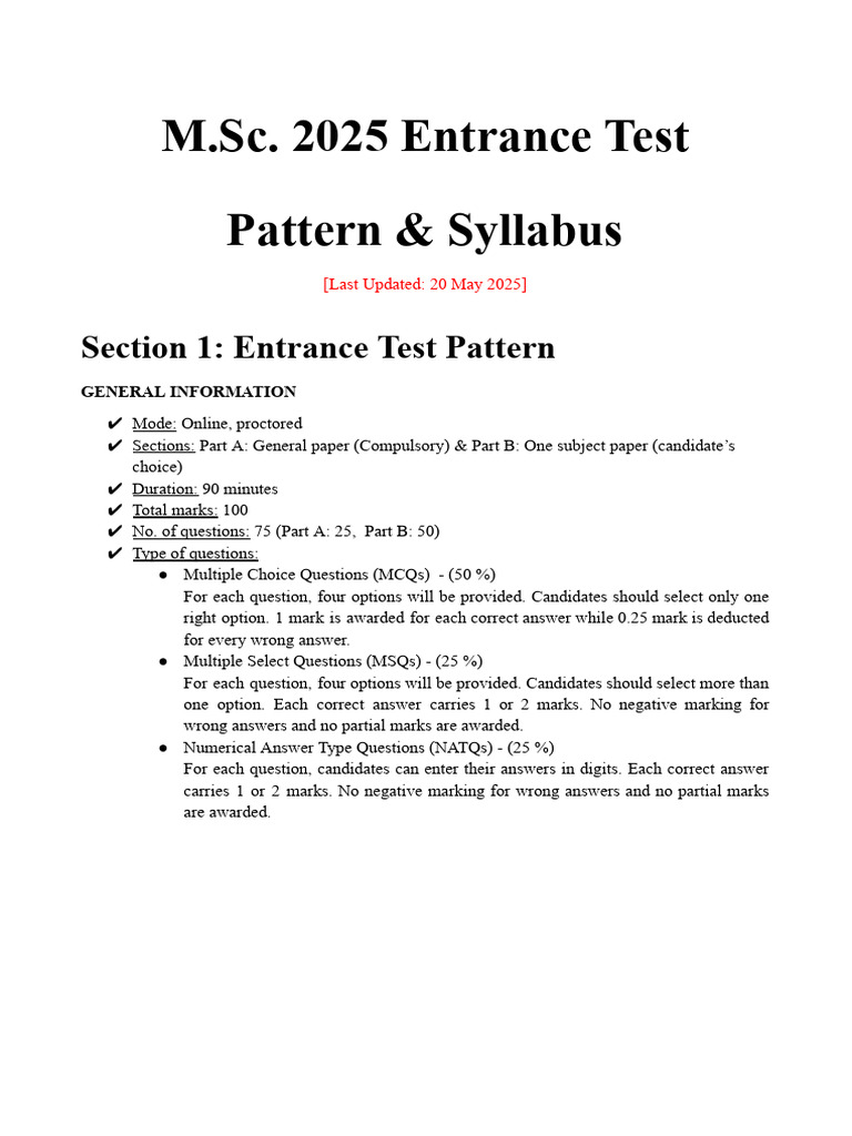 MSC 2025 Entrance Test Pattern Syllabus | PDF | Matrix (Mathematics ...