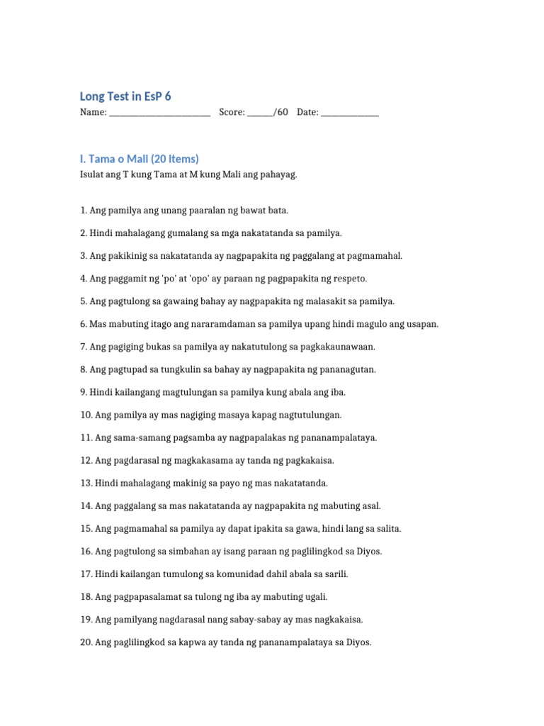 Long Test EsP6 | PDF