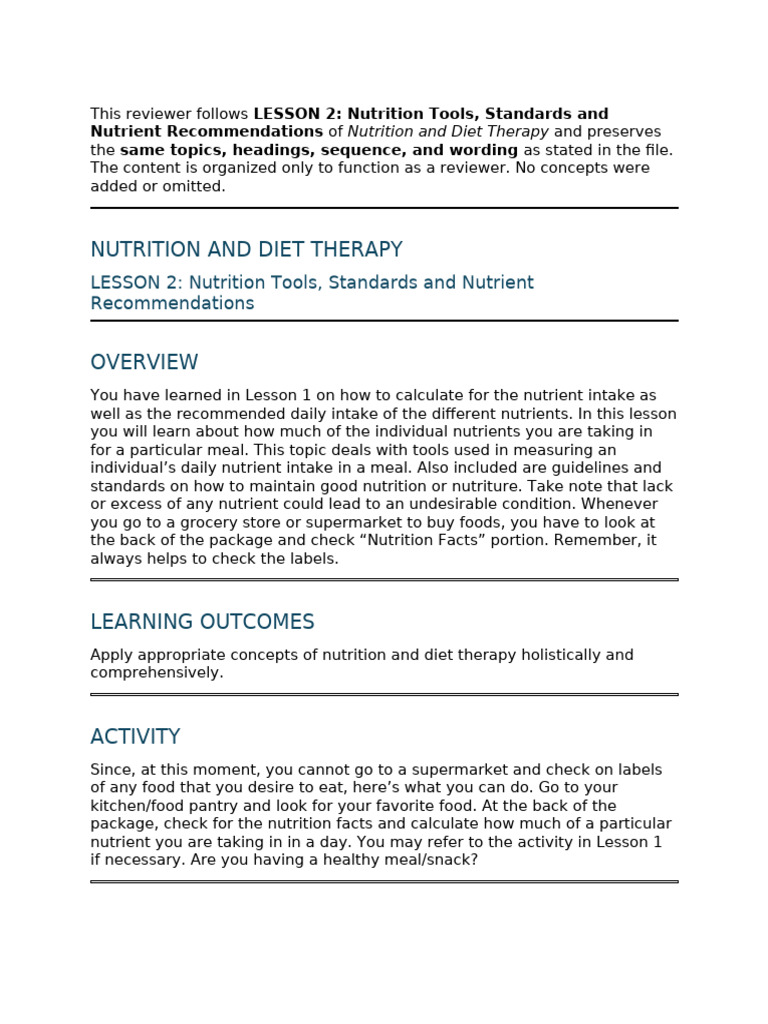 Nutrition and Diet Therapy - Module 1 Reviewer (Lesson 2) | PDF ...
