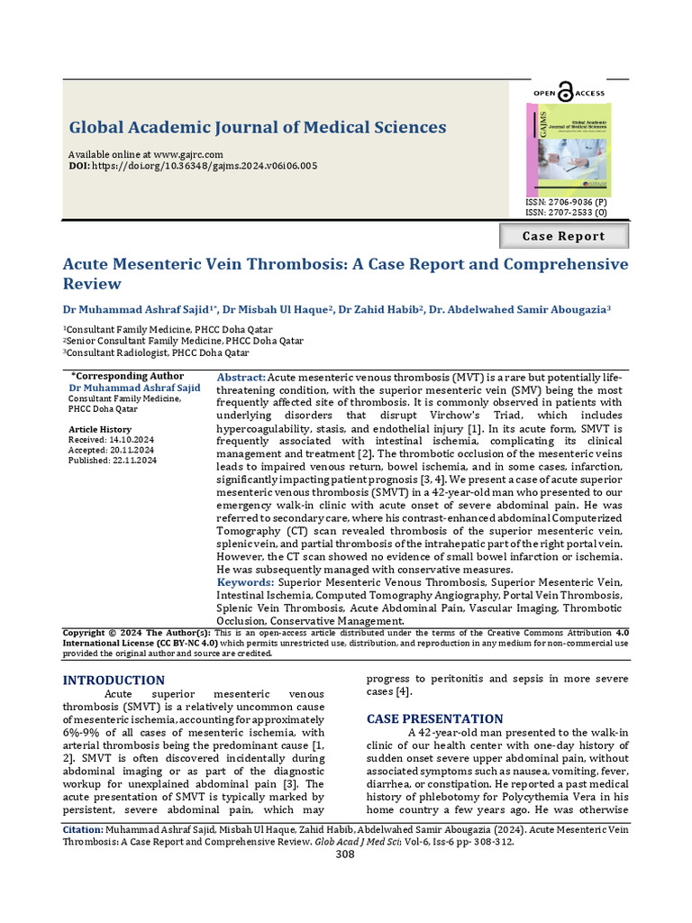 Acute Mesenteric Vein Thrombosis - A Case Report and Comprehensive ...