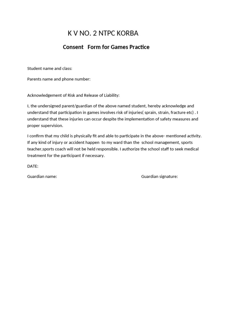 Consent Form For Sports Practice | PDF
