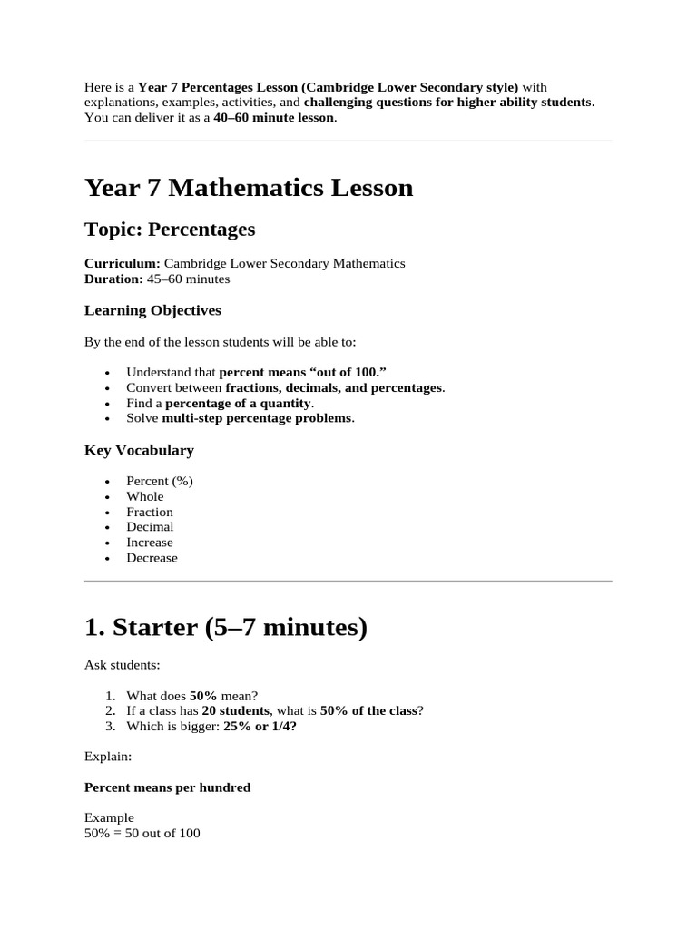 Here Is A Year 7 Percentages Lesson | PDF | Percentage | Elementary ...