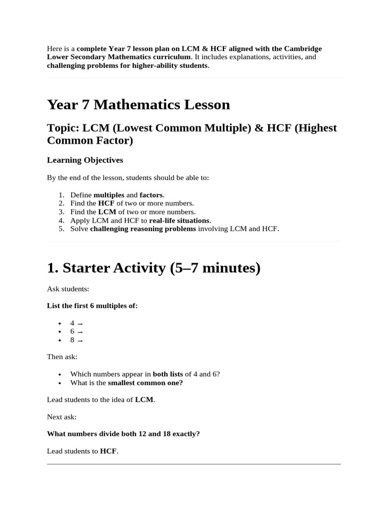 Here Is A Complete Year 7 Lesson Plan On LCM | PDF | Elementary ...