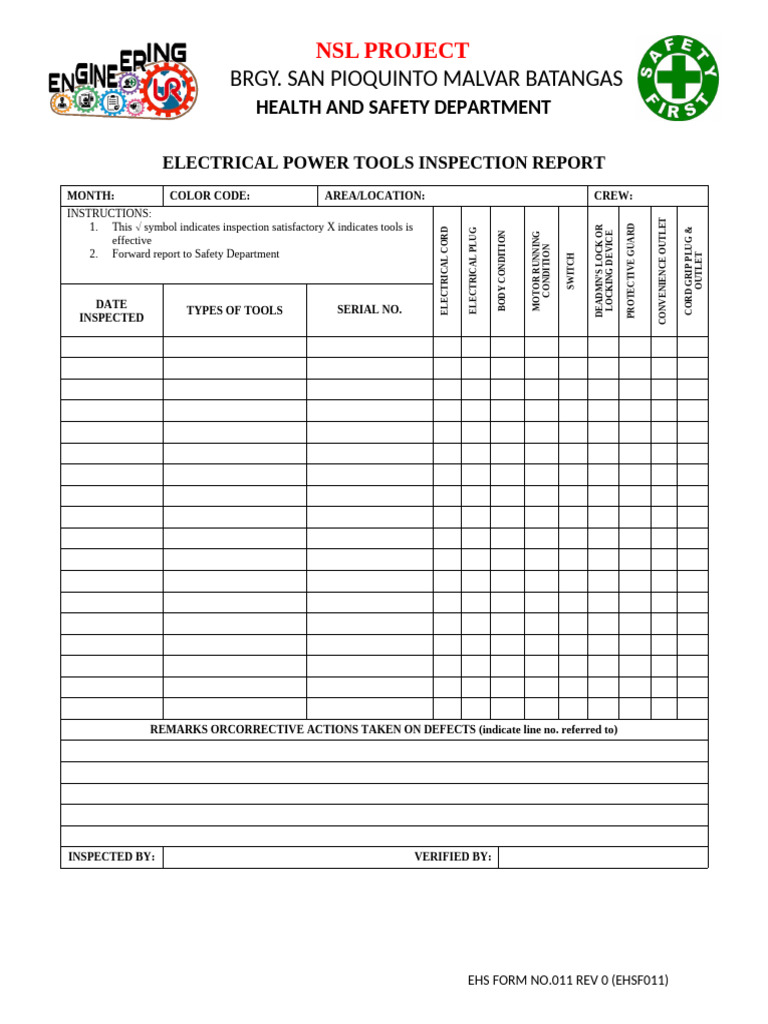 EHS - Inspection Checklist Electrical Power Tools | PDF | Manufactured ...