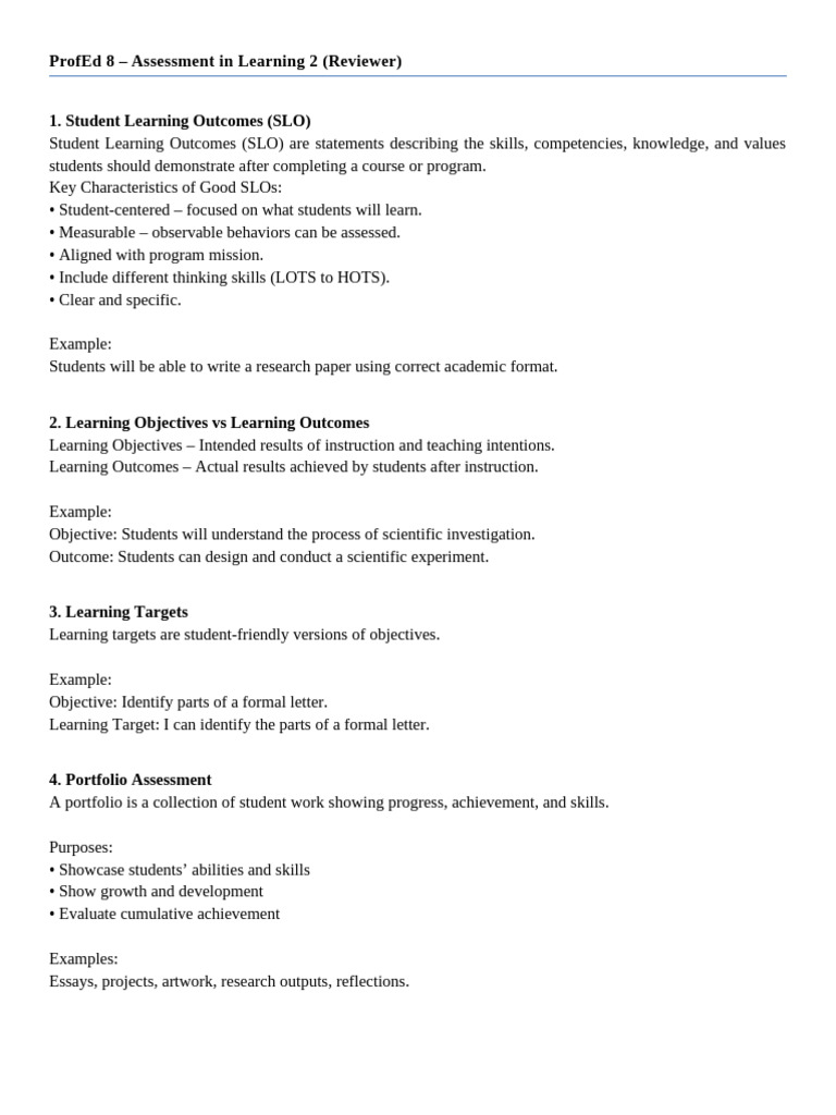 PROFED8 Assessment in Learning 2 Reviewer 2nd Sem SY. 2025 2026 | PDF ...