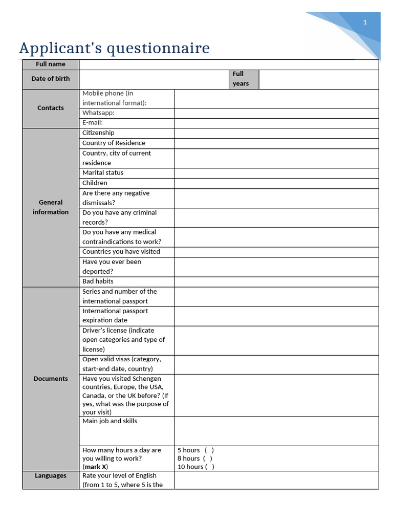 Applicant's Questionnaire | PDF | Travel Visa | Passport