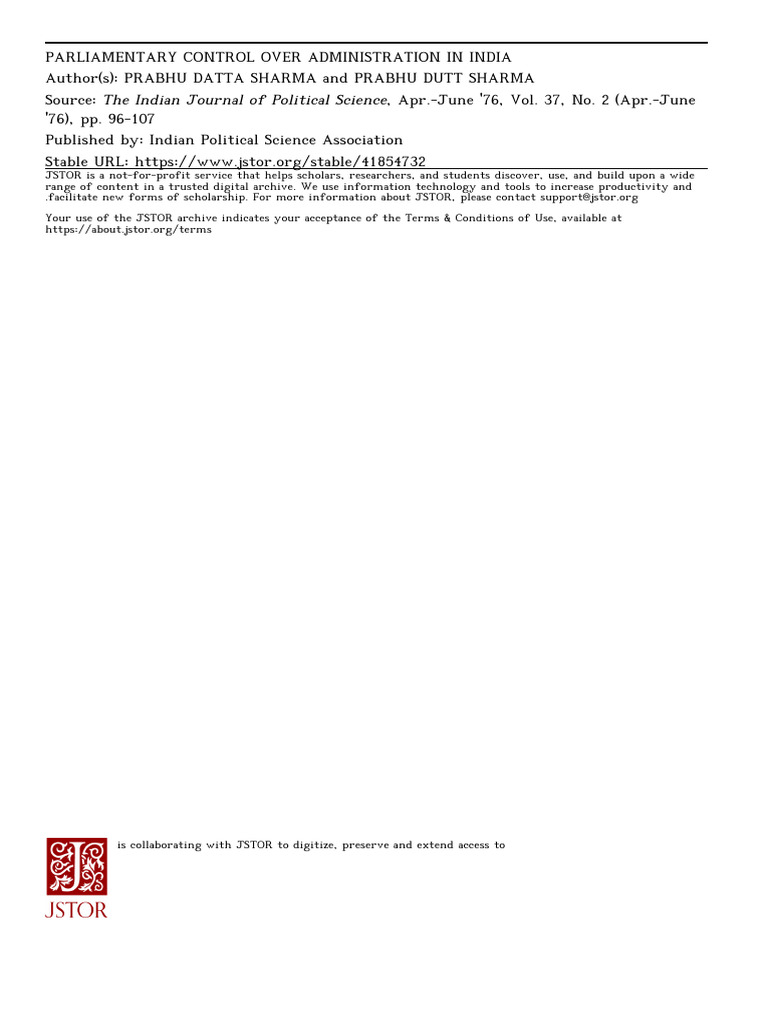 PARLIAMENTARY CONTROL OVER ADMINISTRATION IN INDIA by PRABHU DATTA ...