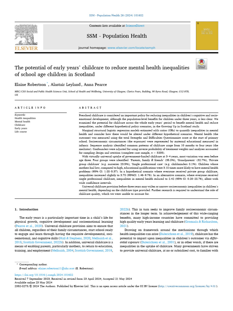 The Potential of Early Years' Childcare To Reduce Mental Health ...