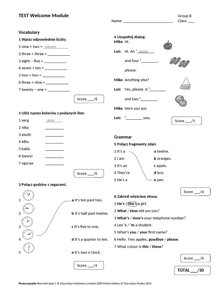 NewHotSpot Klasa4 Tests Welcome Module Test B | PDF
