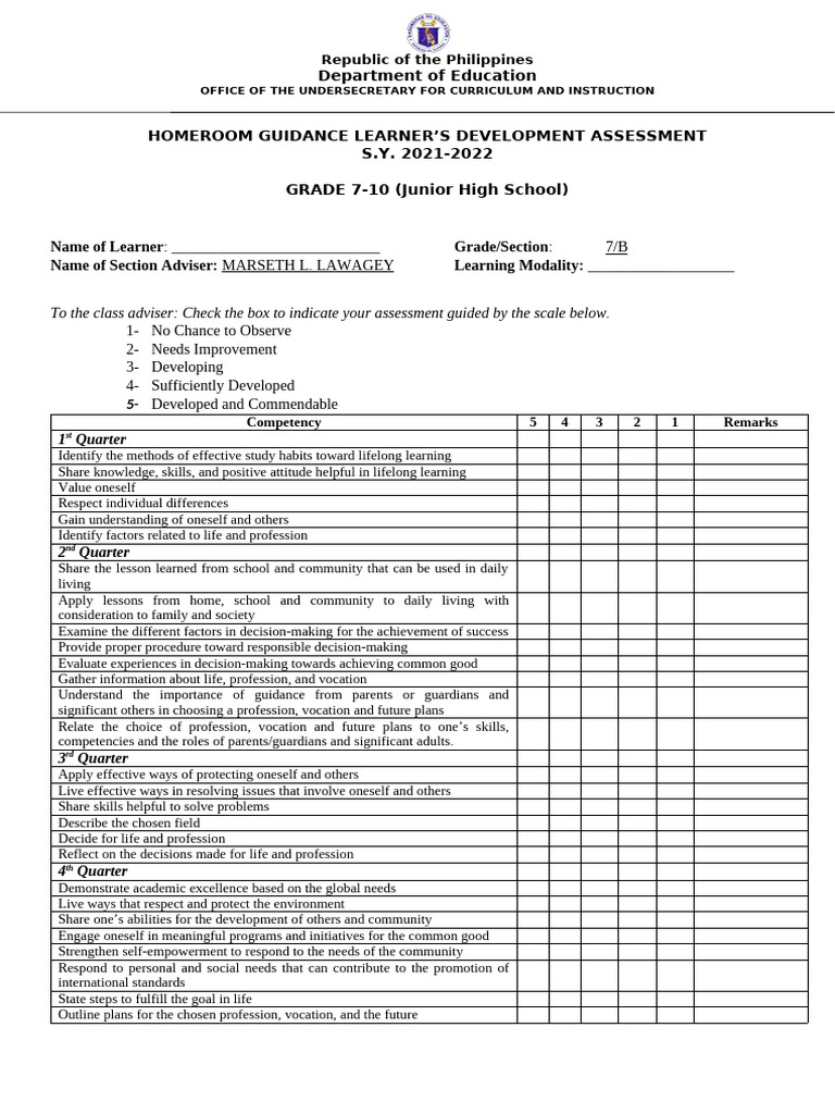 Homeroom Guidance Learners Assessment Form1 | PDF | Learning ...