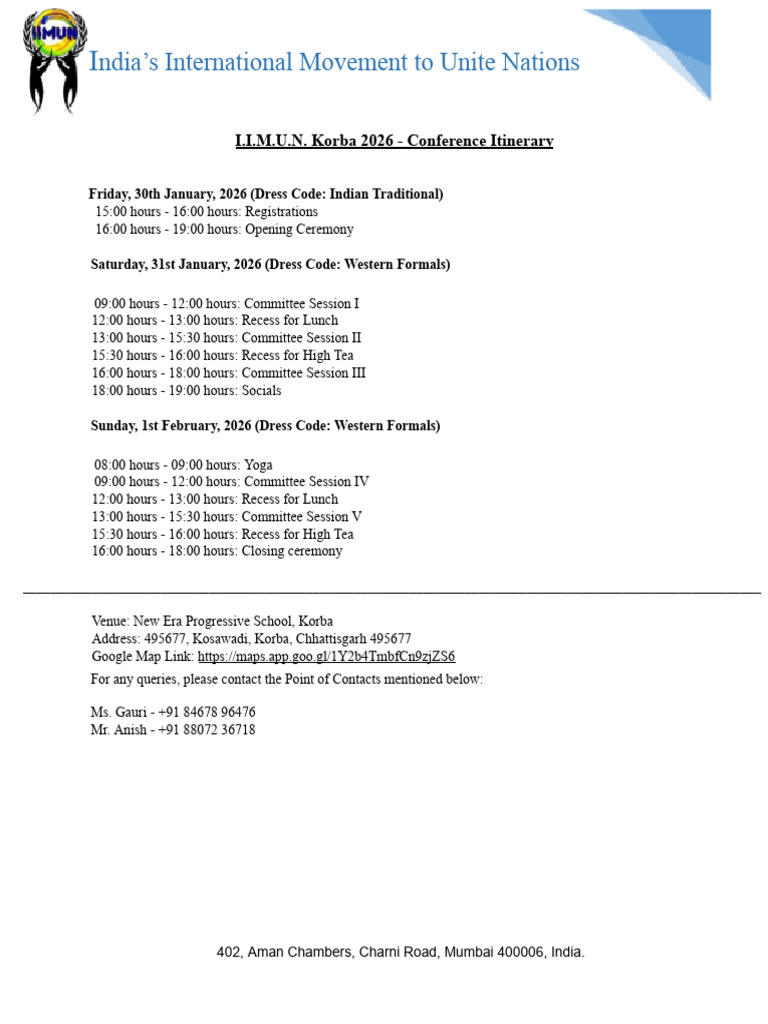 Itinerary - Korba 2026 | PDF