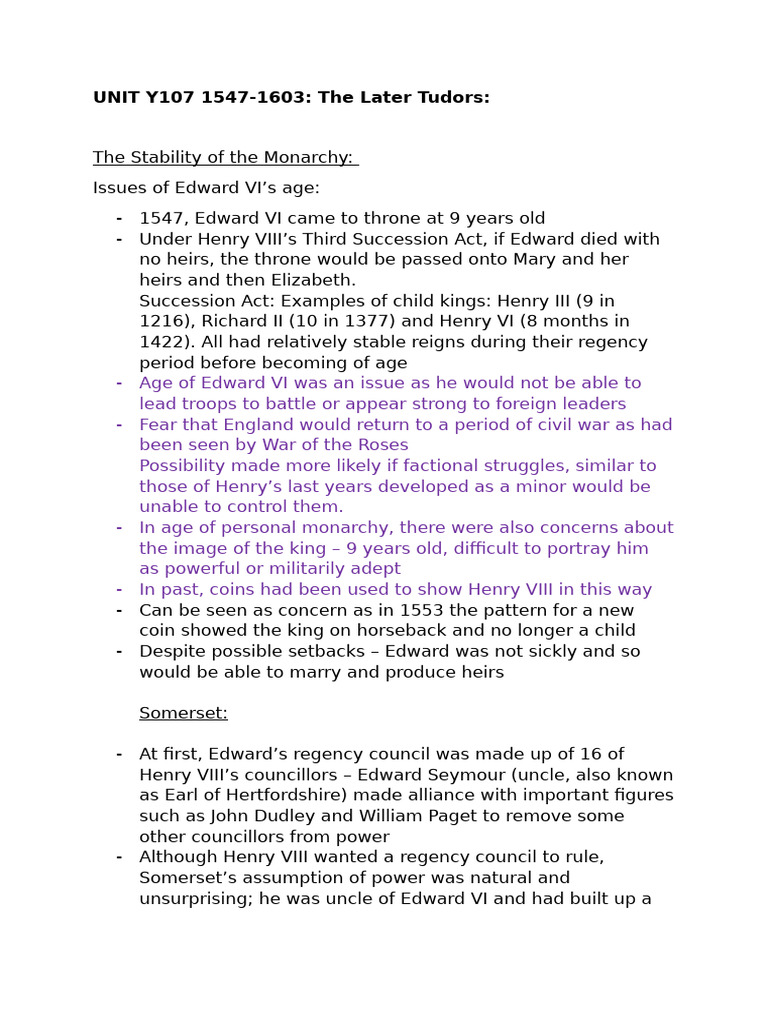 OCR A Level History Late Tudors Notes | PDF | House Of Tudor