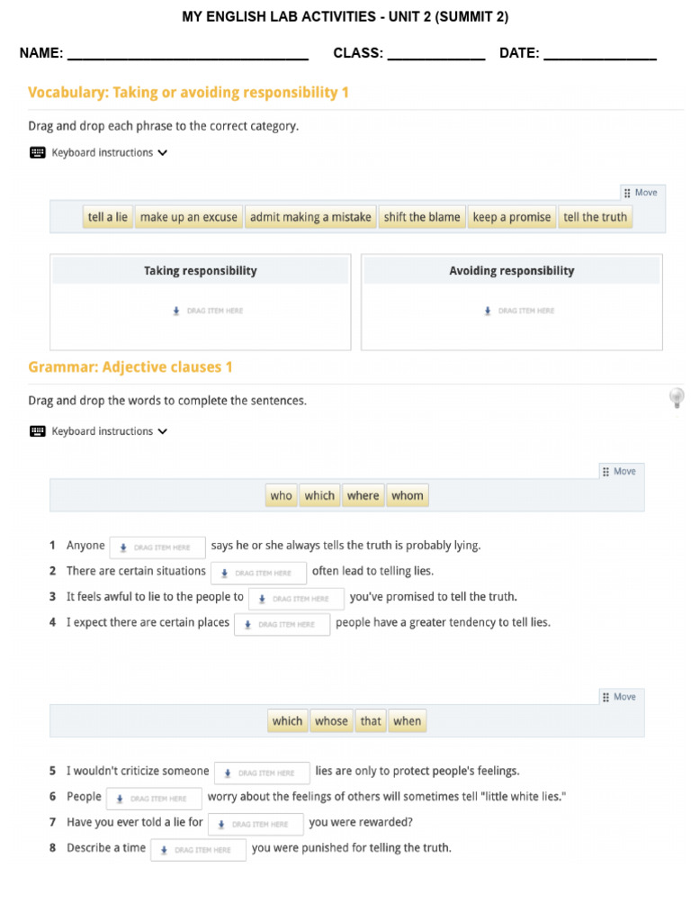 My English Lab Activities - Unit 2 (Summit 2) | PDF