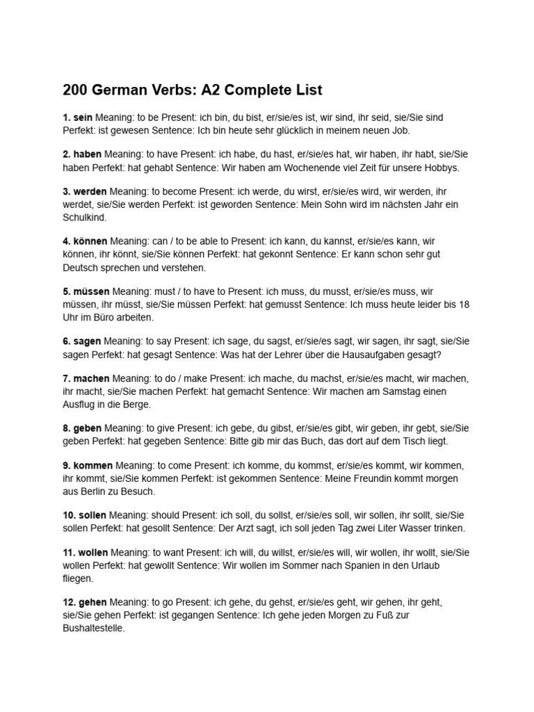 200 German Verbs - A2 Complete List | PDF