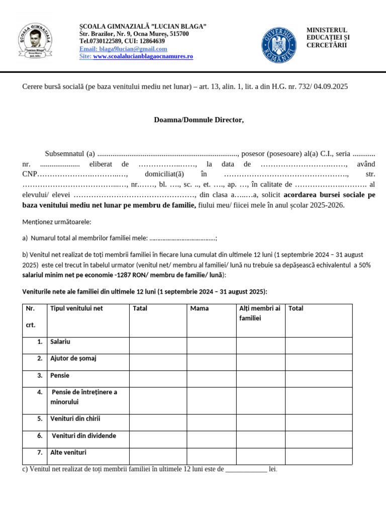 Cerere Bursa Sociala Venituri Mici | PDF