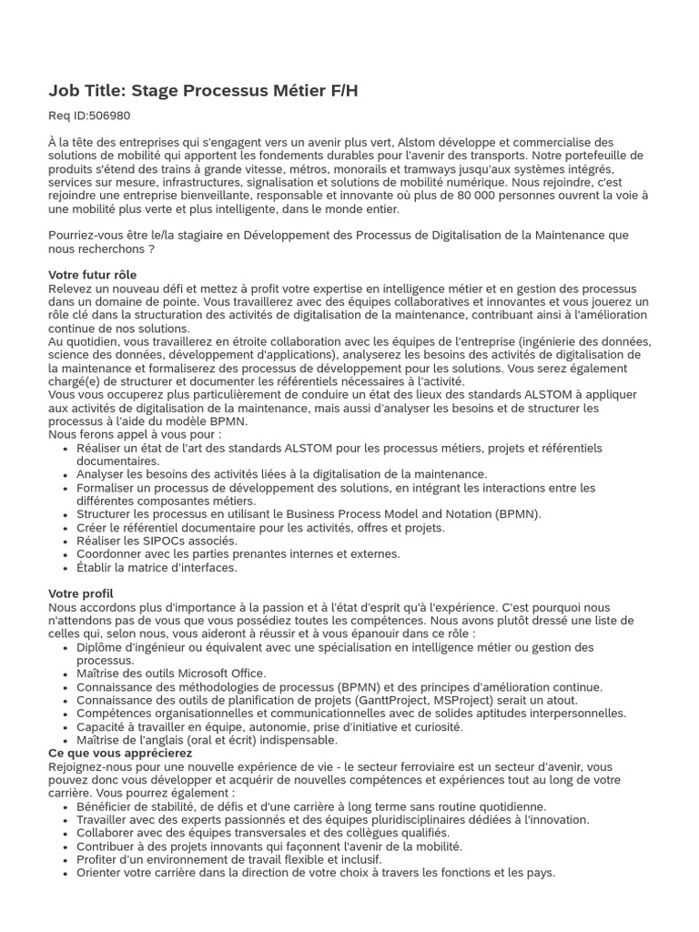 Job Description Stage Processus Metier | PDF