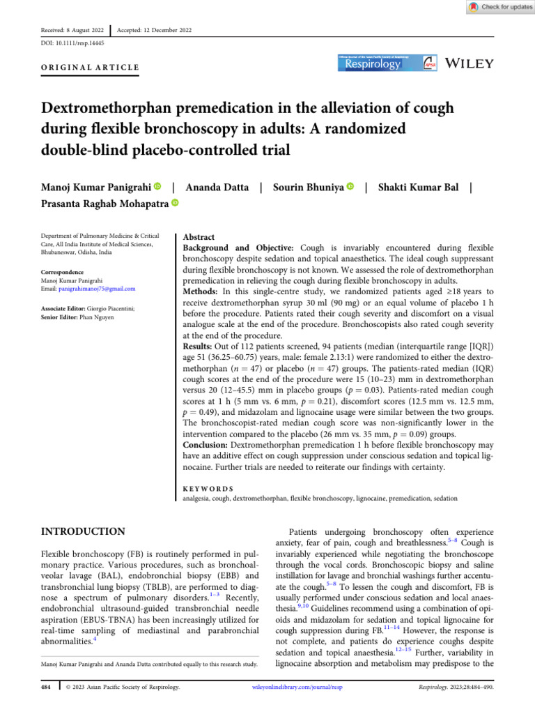 Respirology - 2023 - Panigrahi - Dextromethorphan Premedication in The ...
