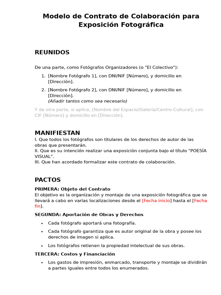 Modelo De Contrato De Colaboraci n Para Exposici n Fotogr fica PDF