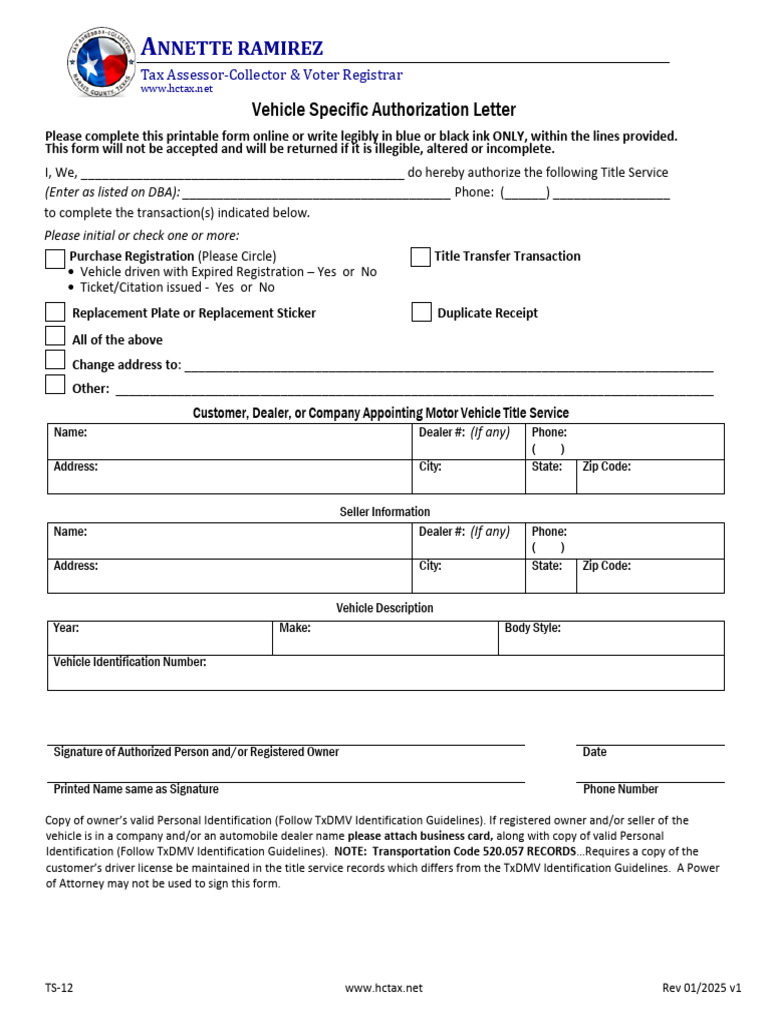 TS-12 Vehicle Specific Authorization Letter | PDF | Identity Document ...