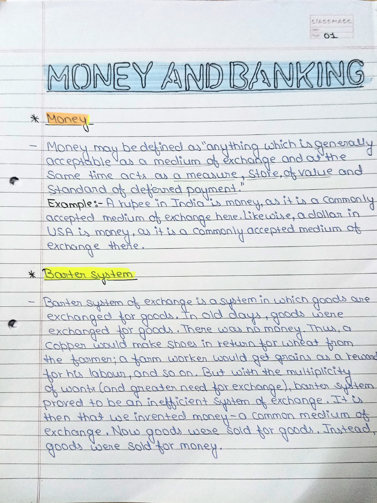 Money & Banking Handwritten Notes (Economics) | PDF