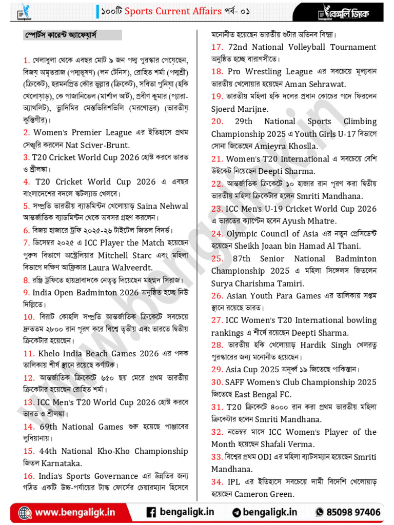 Sports Current Affairs Part - 01 | PDF