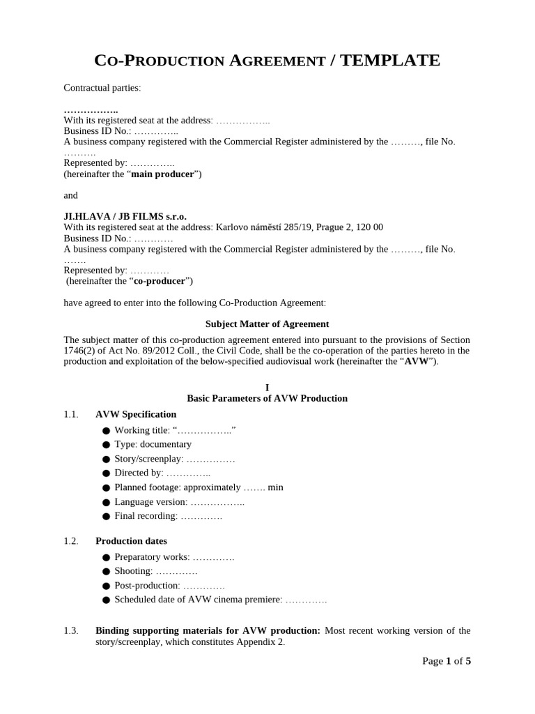 Co Production Agreement TEMPLATE | PDF | Intellectual Property ...