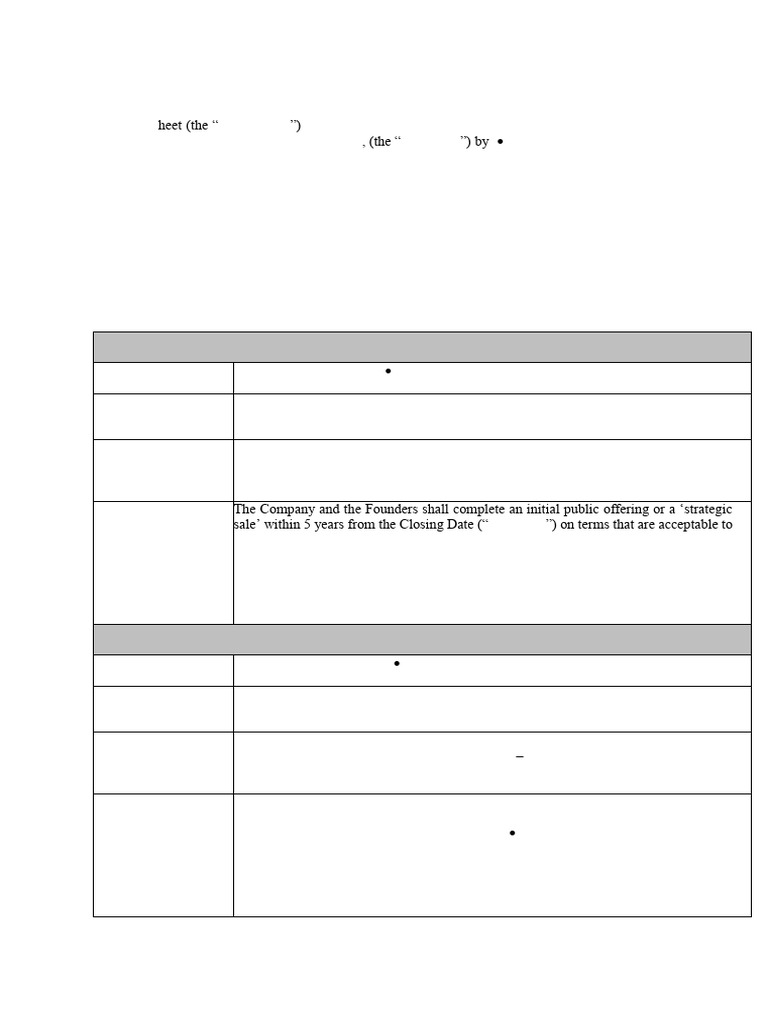 Sample Term Sheet - Stellaris Venture Partners (NOT For CIRCULATION) | PDF