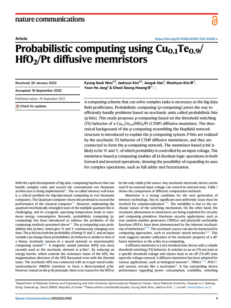 Probabilistic Computing Using Cu Te / Hfo /PT Diffusive Memristors | PDF