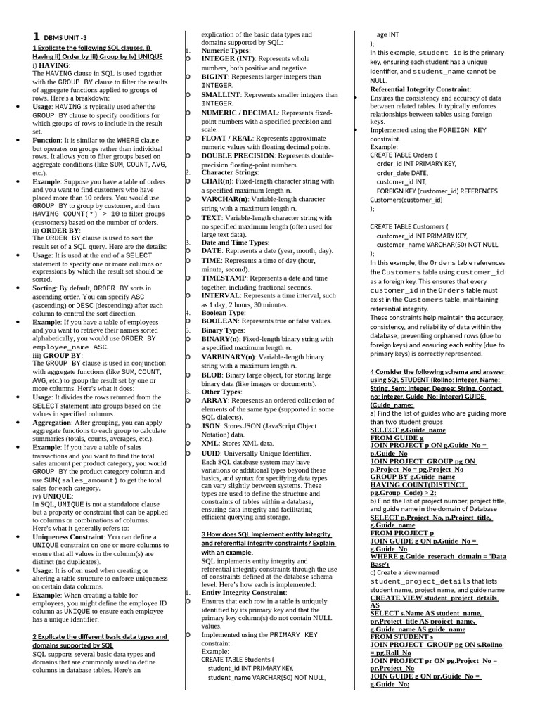 DBMS Unit 3 | PDF | Table (Database) | Sql