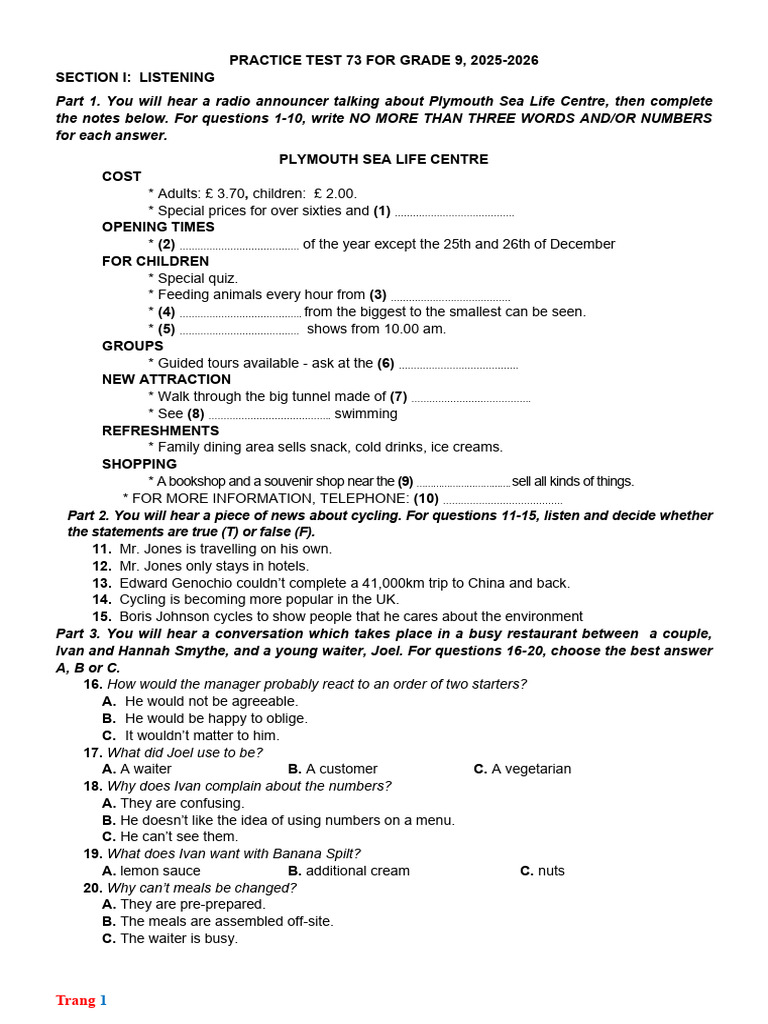 Practice Test 73 For Grade 9, 2025-2026 | PDF