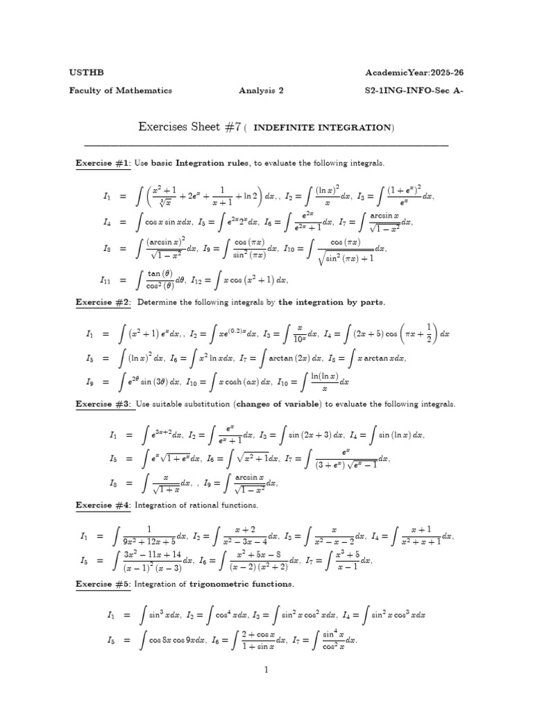 Worksheet 7 - Indefinite Integration - Ing Inf0 | PDF