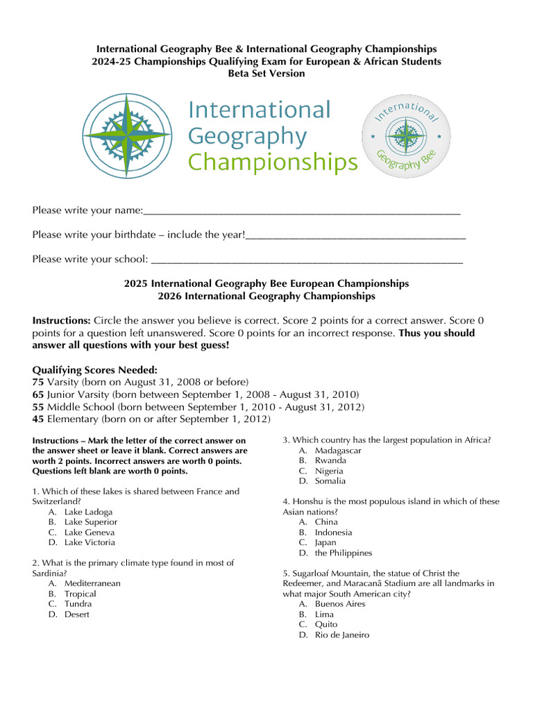 2024 25 International Geography Bee Qualifying Exam European and ...