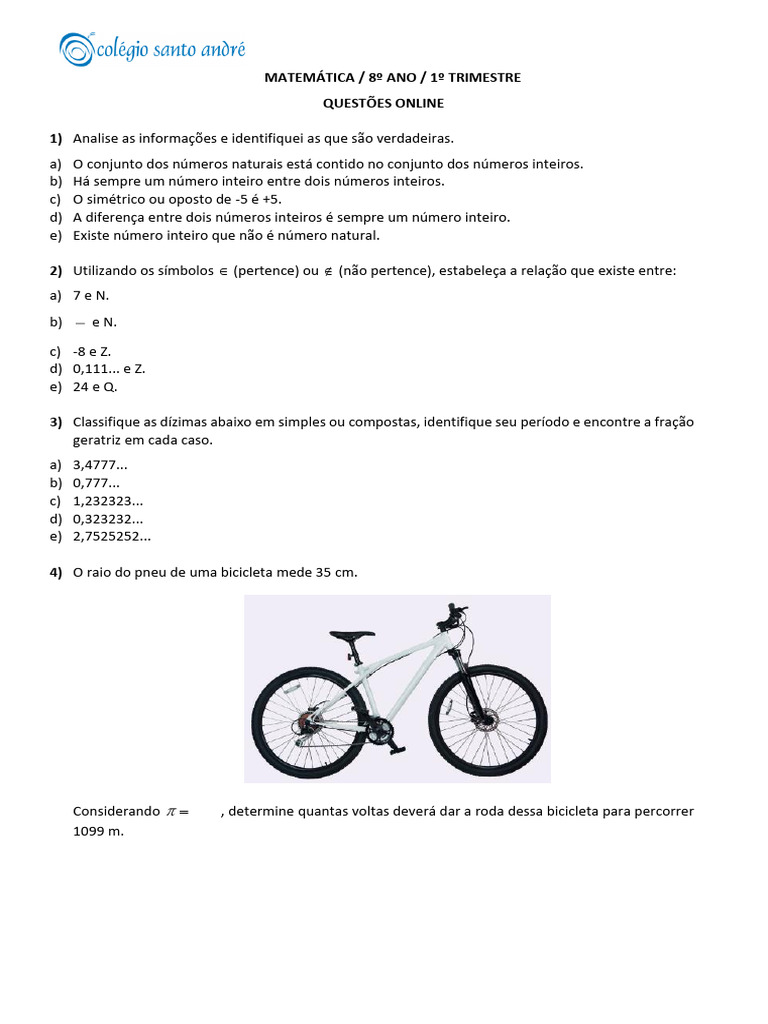 Matem#U00e1tica 8#u00ba Ano 1#u00ba Trimestre | PDF