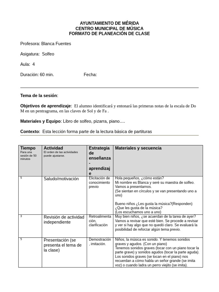 Formato Planeacion de Clase - Solfeo | PDF